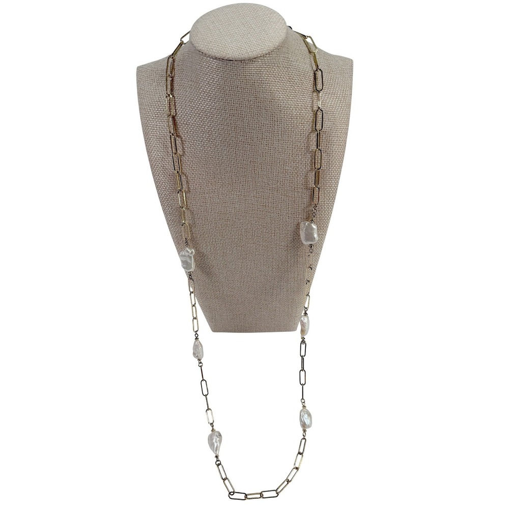 Aqua Bloomingdales Necklace Long Paperclip‎ Link Pearl Baroque Gold NWOT